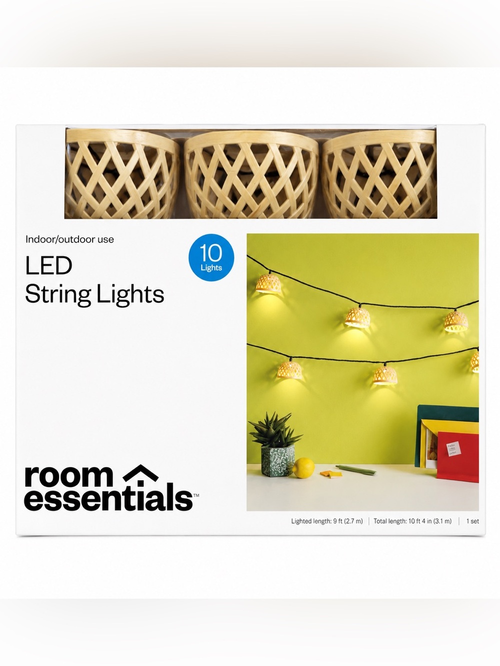 Room Essentials LED String Lights Indoor/Outdoor 10 Lights Warm White Rattan